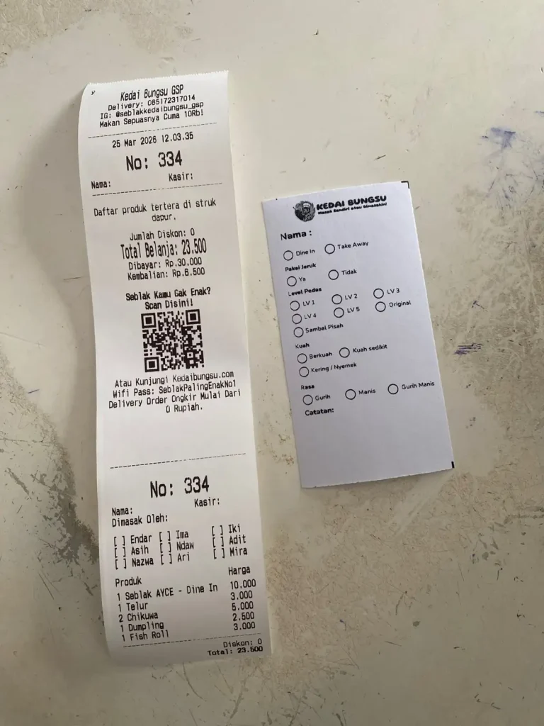 struk beli di seblak kedai bungsu