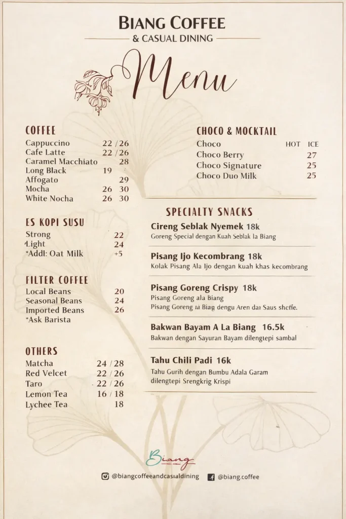 menu biang coffee & casual dining